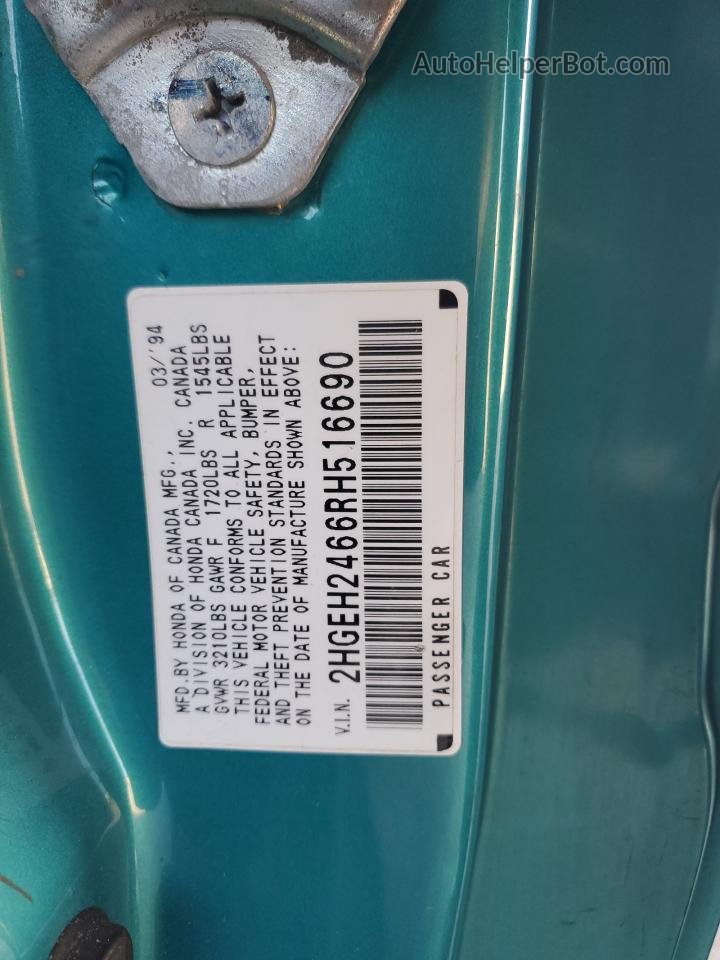 1994 Honda Civic Dx Turquoise vin: 2HGEH2466RH516690
