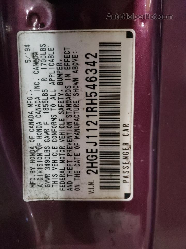 1994 Honda Civic Ex Purple vin: 2HGEJ1121RH546342