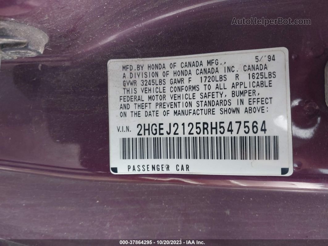 1994 Honda Civic Dx Purple vin: 2HGEJ2125RH547564