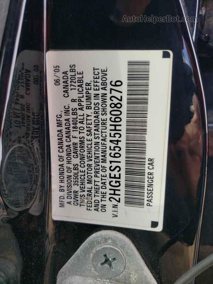 2005 Honda Civic Lx Черный vin: 2HGES16545H608276