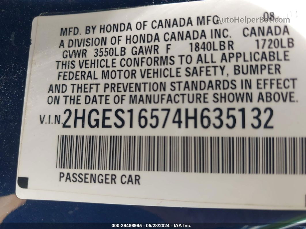 2004 Honda Civic Lx Blue vin: 2HGES16574H635132