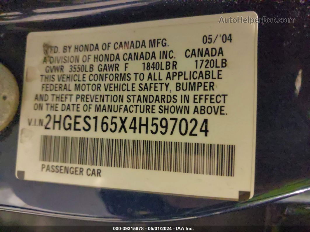 2004 Honda Civic Lx Dark Blue vin: 2HGES165X4H597024