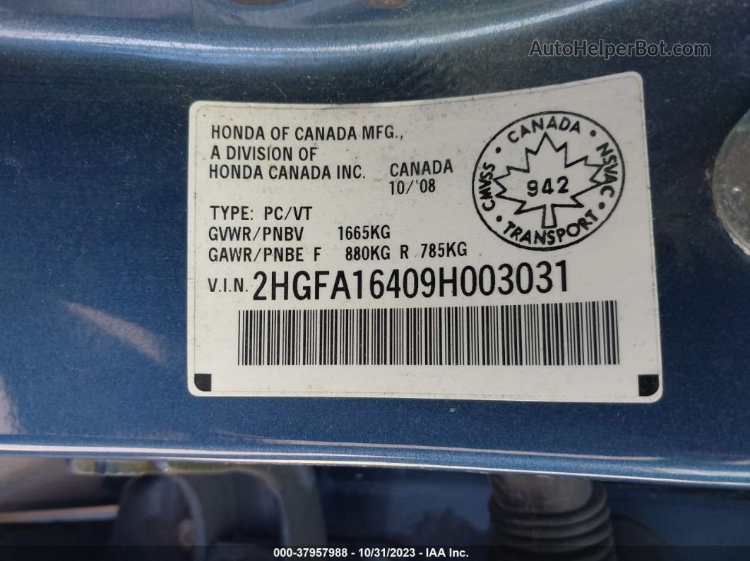 2009 Honda Civic Sdn Blue vin: 2HGFA16409H003031