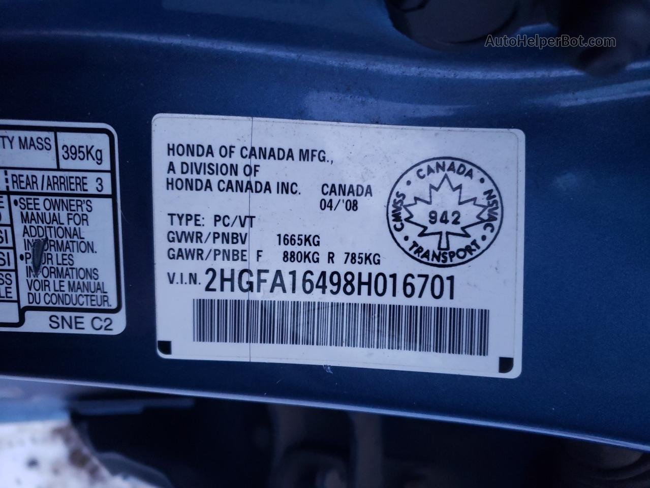 2008 Honda Civic Dx-g Blue vin: 2HGFA16498H016701