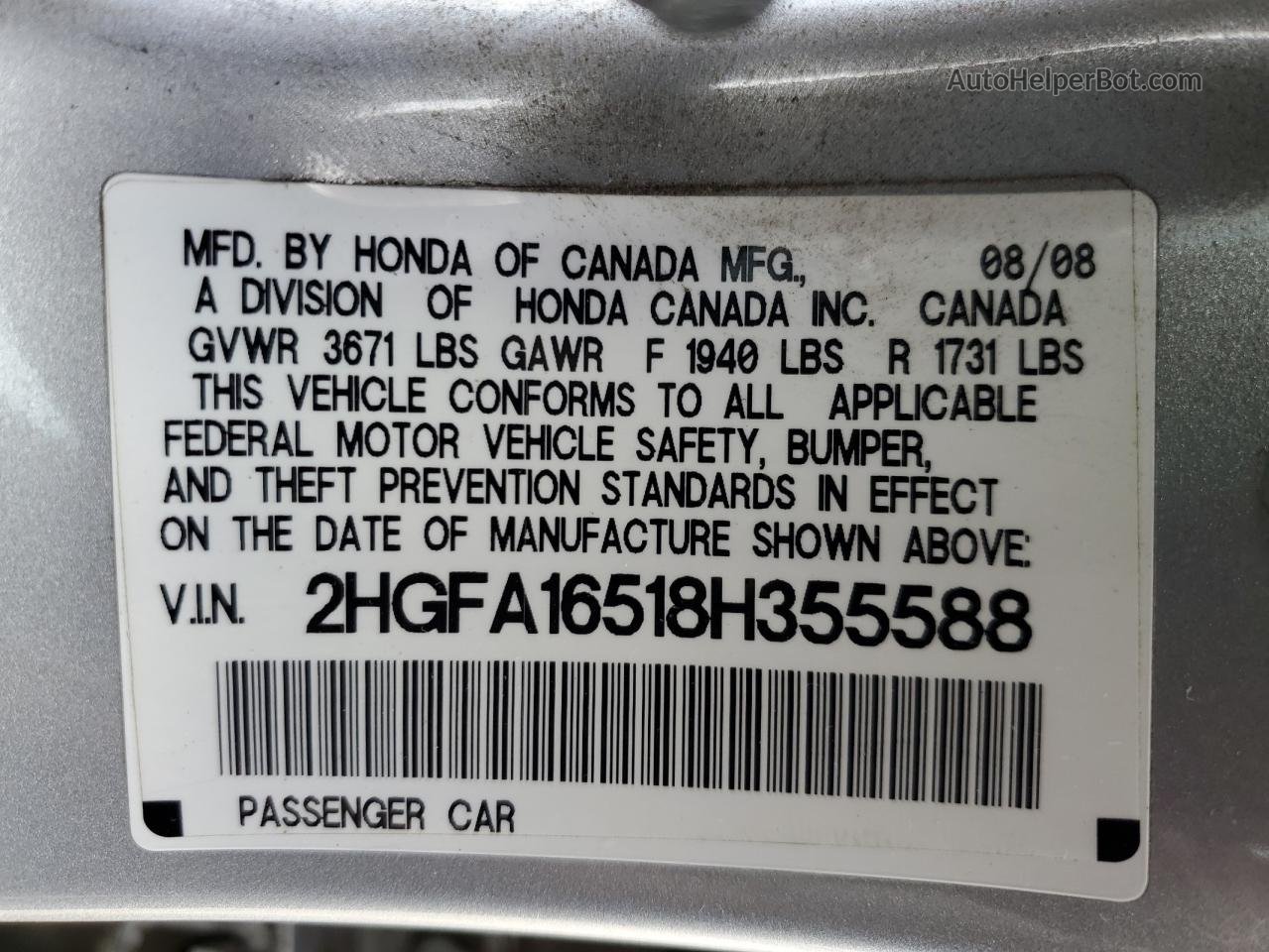 2008 Honda Civic Lx Silver vin: 2HGFA16518H355588