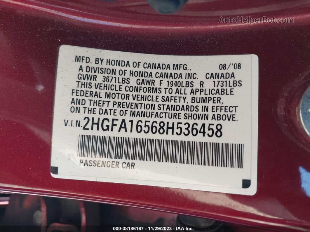 2008 Honda Civic Lx Red vin: 2HGFA16568H536458