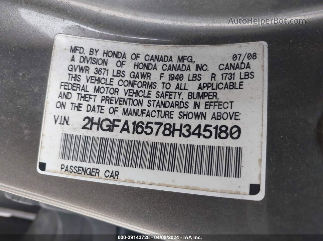 2008 Honda Civic Lx Серый vin: 2HGFA16578H345180
