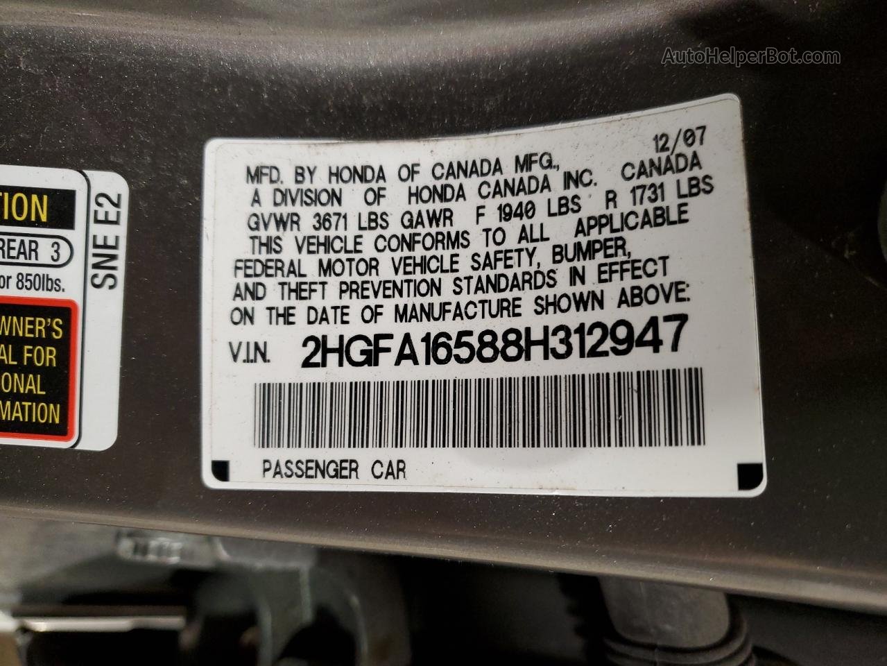 2008 Honda Civic Lx Серый vin: 2HGFA16588H312947