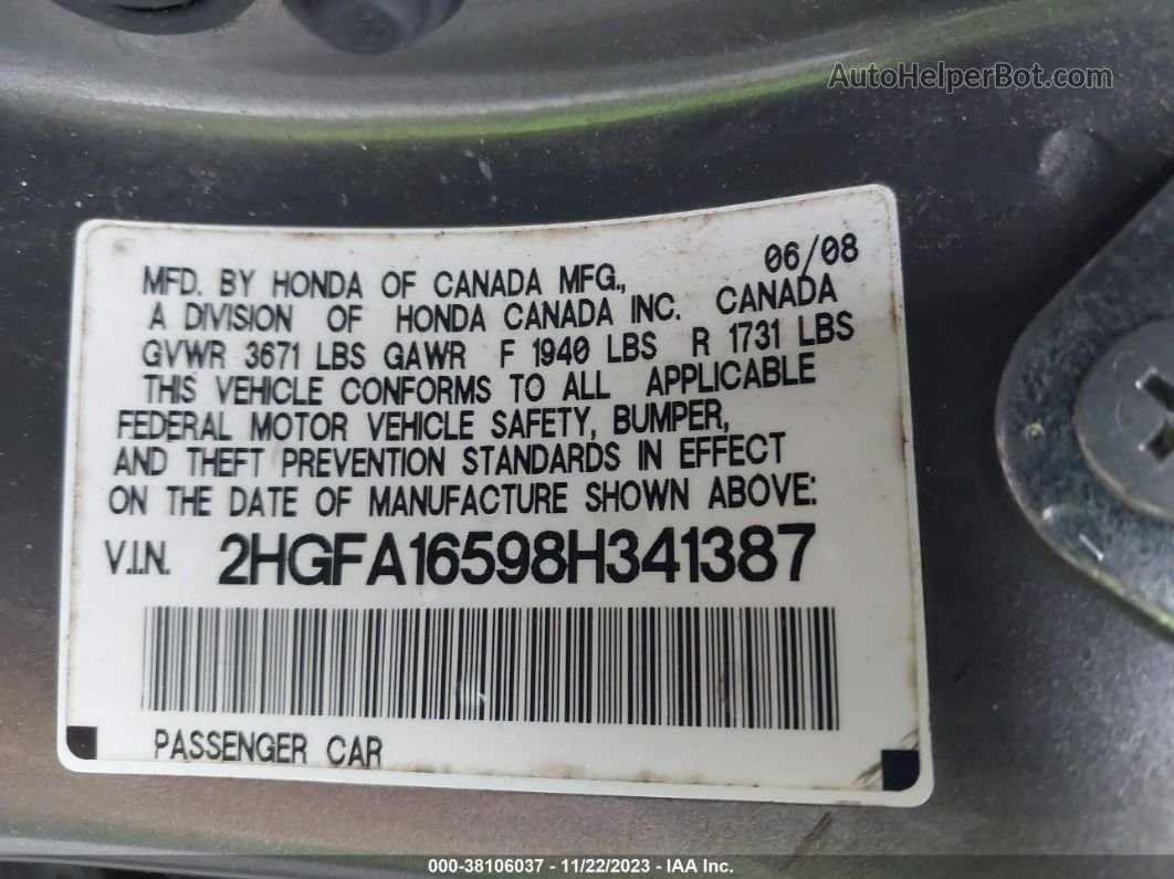 2008 Honda Civic Lx Gray vin: 2HGFA16598H341387