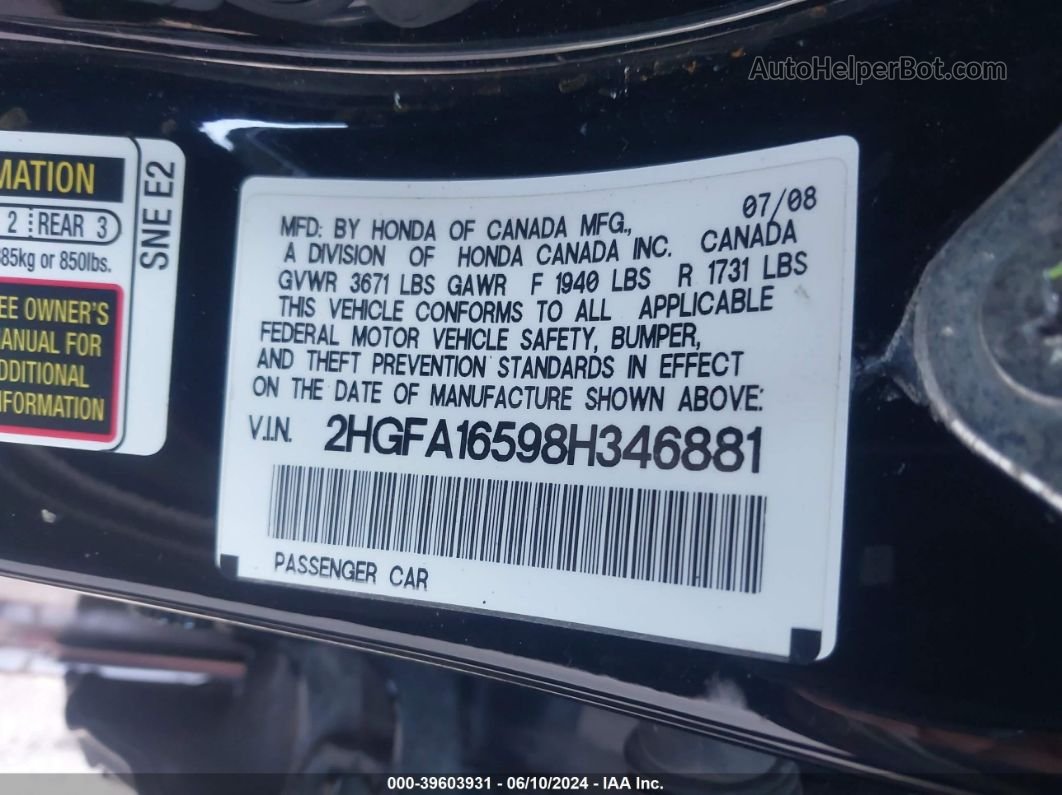 2008 Honda Civic Lx Black vin: 2HGFA16598H346881