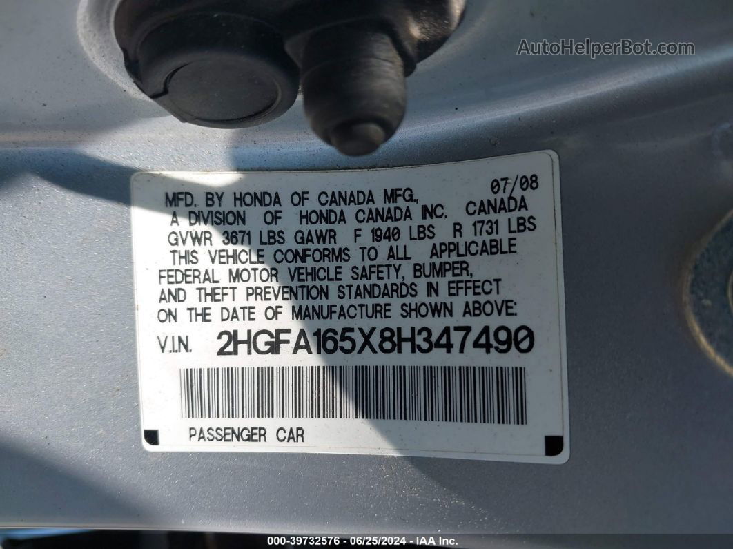 2008 Honda Civic Lx Silver vin: 2HGFA165X8H347490