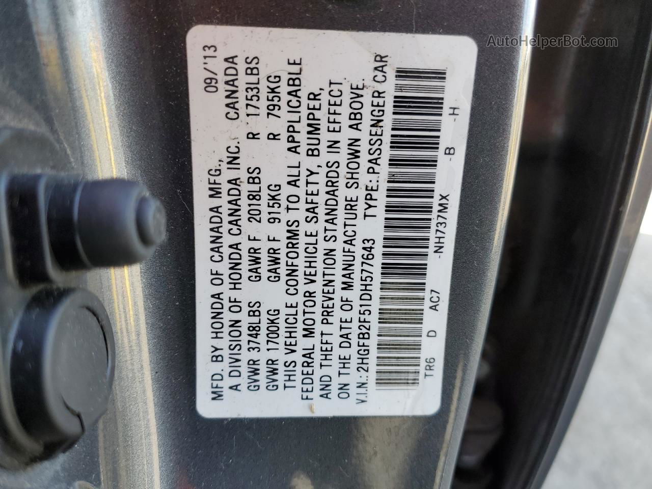 2013 Honda Civic Lx Gray vin: 2HGFB2F51DH577643