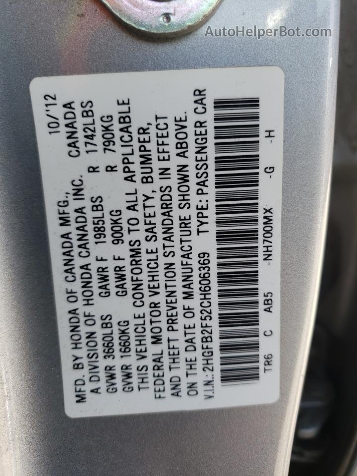 2012 Honda Civic Lx Silver vin: 2HGFB2F52CH606369