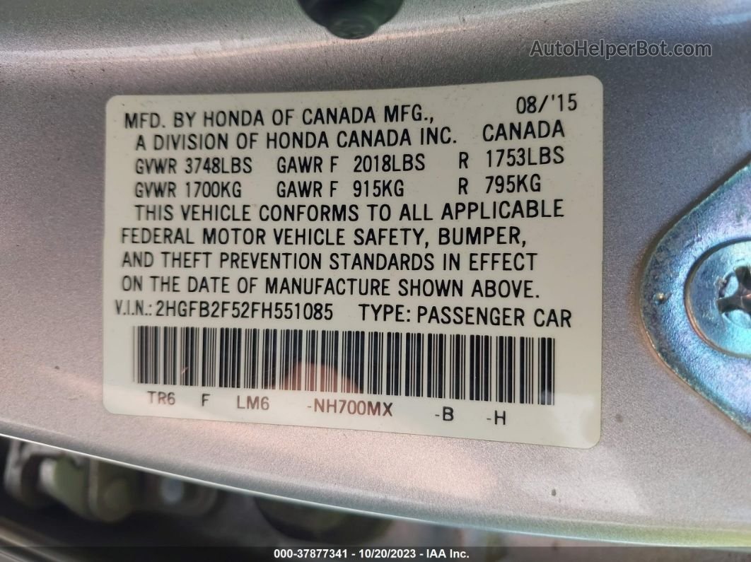 2015 Honda Civic Lx Silver vin: 2HGFB2F52FH551085