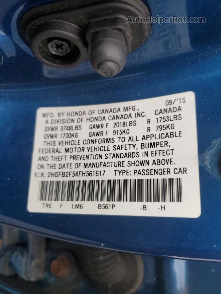 2015 Honda Civic Lx Blue vin: 2HGFB2F54FH561617