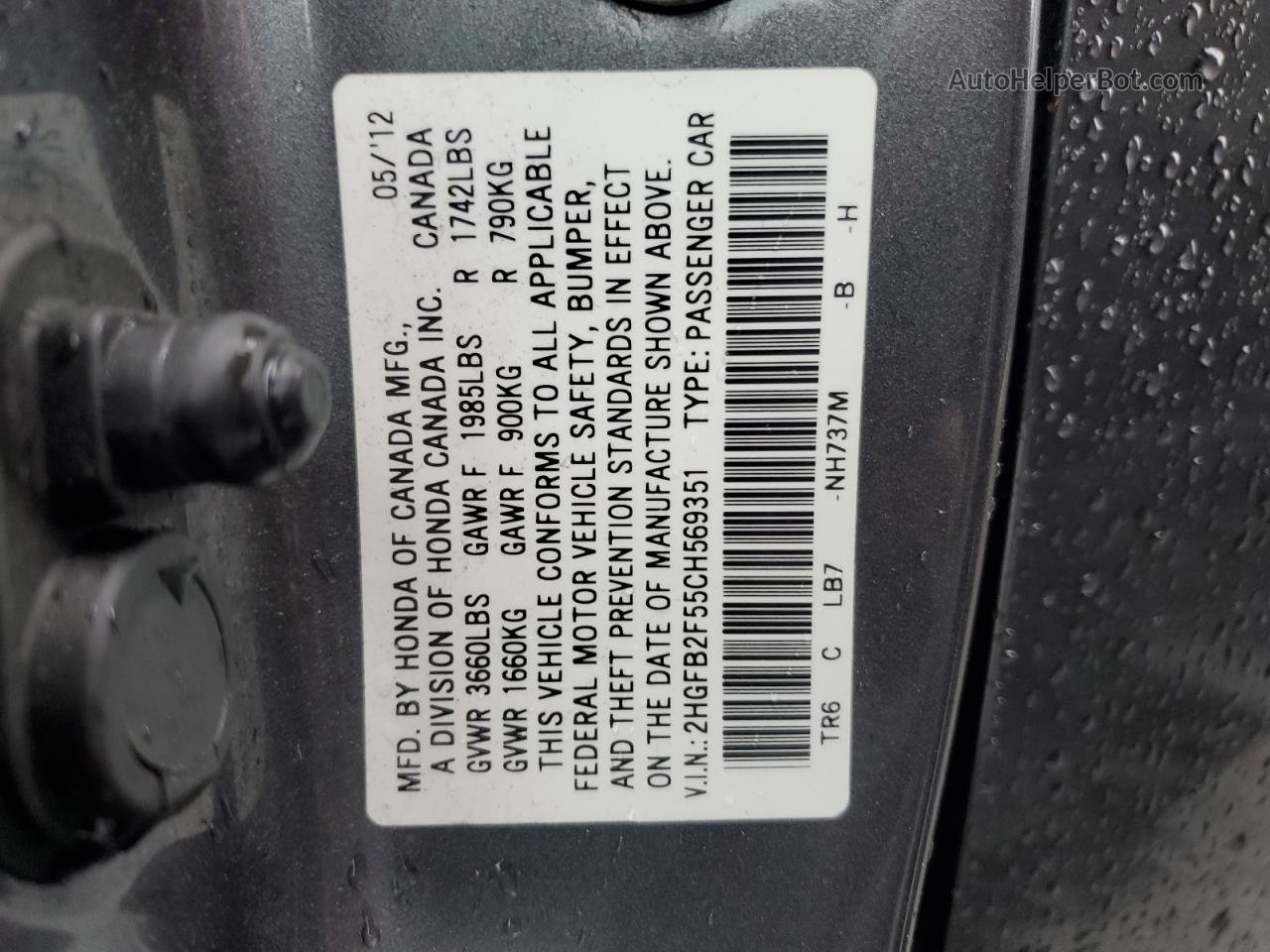 2012 Honda Civic Lx Gray vin: 2HGFB2F55CH569351