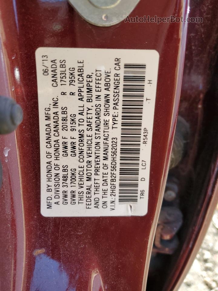 2013 Honda Civic Lx Темно-бордовый vin: 2HGFB2F56DH562023