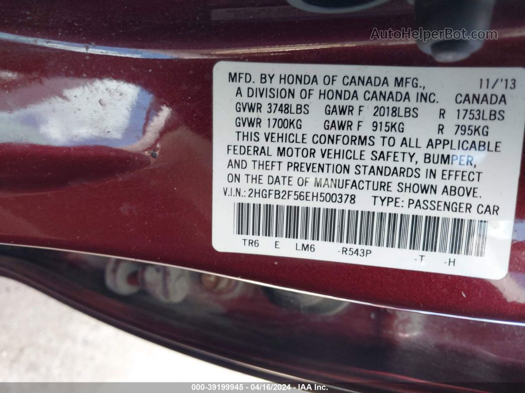 2014 Honda Civic Lx Red vin: 2HGFB2F56EH500378