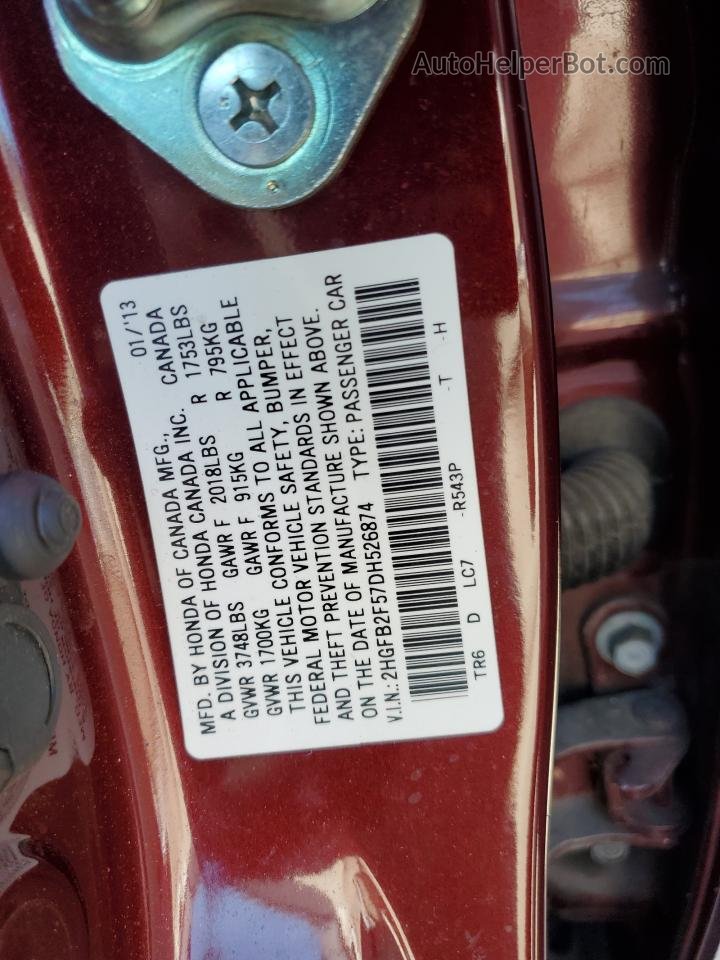 2013 Honda Civic Lx Бордовый vin: 2HGFB2F57DH526874