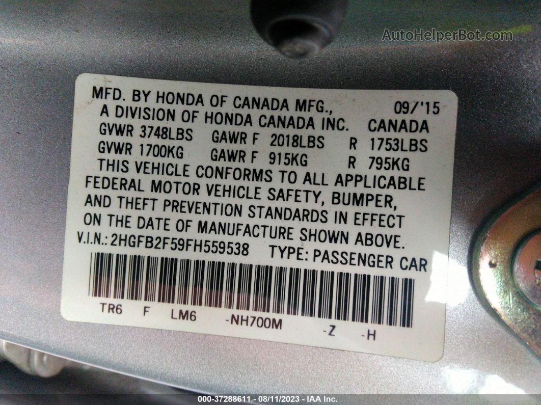 2015 Honda Civic Sedan Lx Gray vin: 2HGFB2F59FH559538