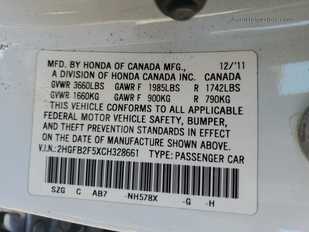 2012 Honda Civic Lx White vin: 2HGFB2F5XCH328661