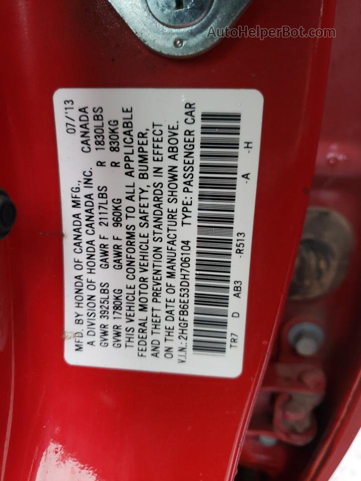 2013 Honda Civic Si Red vin: 2HGFB6E53DH706104