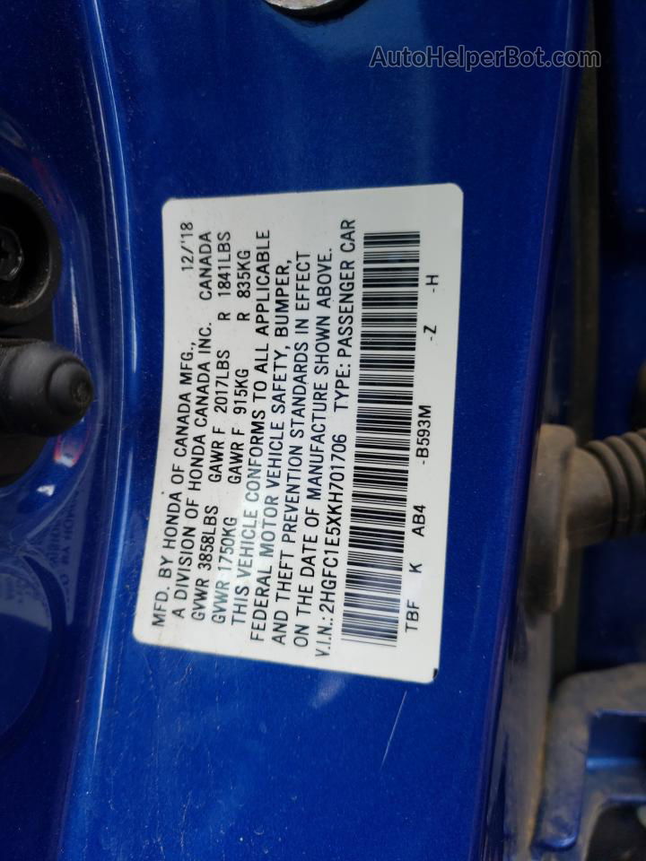 2019 Honda Civic Si Синий vin: 2HGFC1E5XKH701706