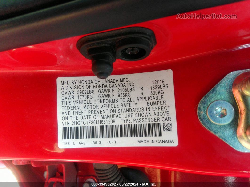 2020 Honda Civic Ex Red vin: 2HGFC1F36LH681209