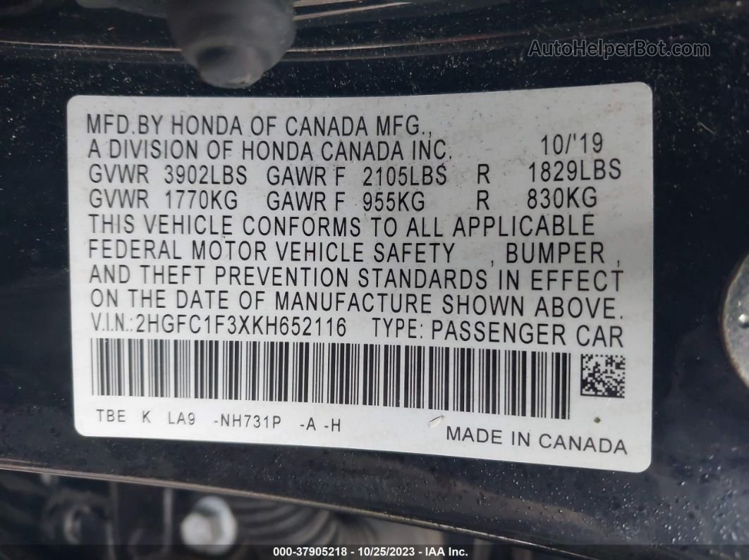 2019 Honda Civic Sedan Ex Black vin: 2HGFC1F3XKH652116