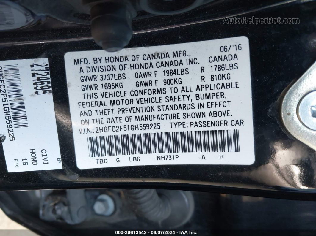 2016 Honda Civic Lx Black vin: 2HGFC2F51GH559225