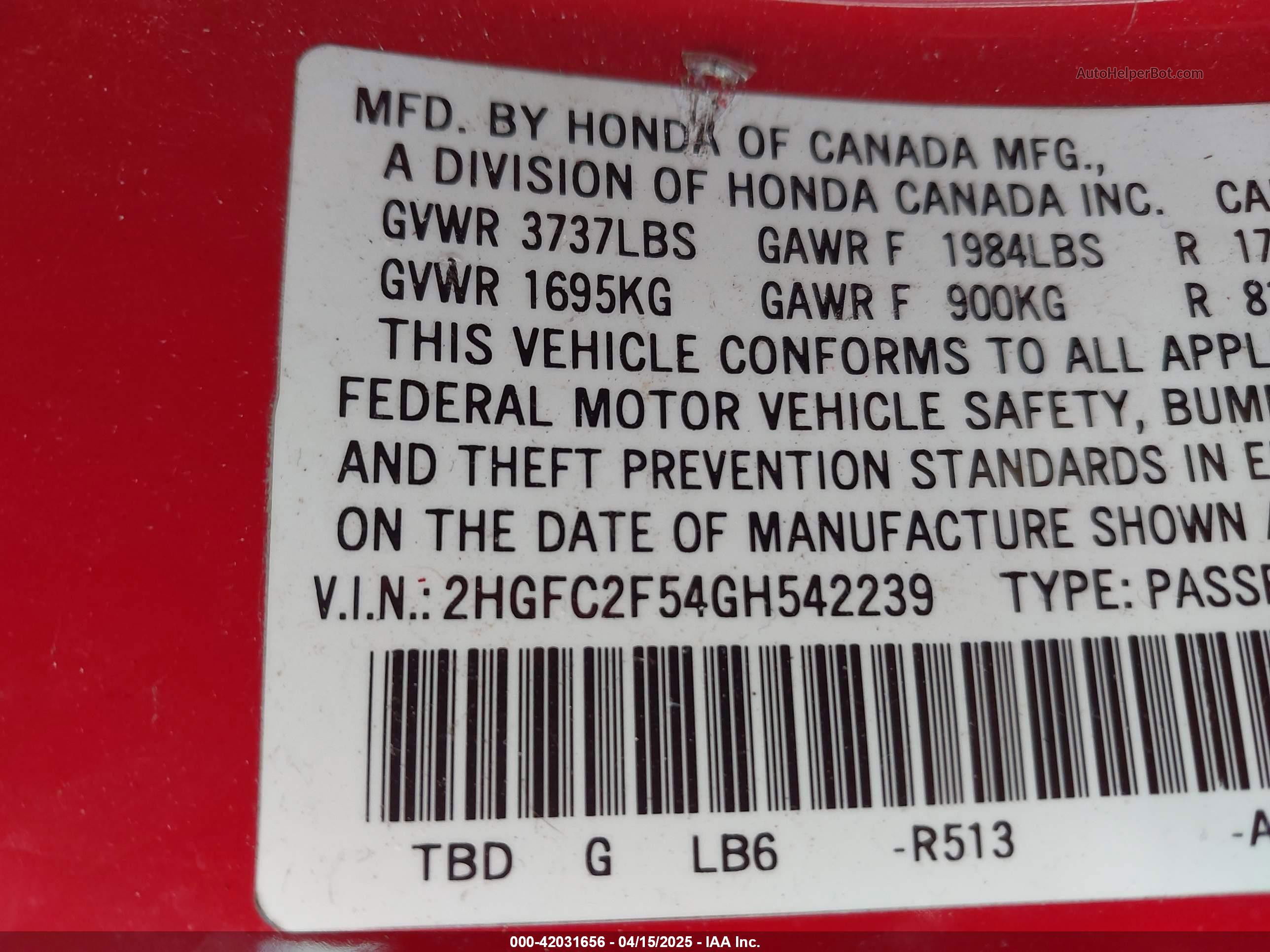 2016 Honda Civic Lx Red vin: 2HGFC2F54GH542239