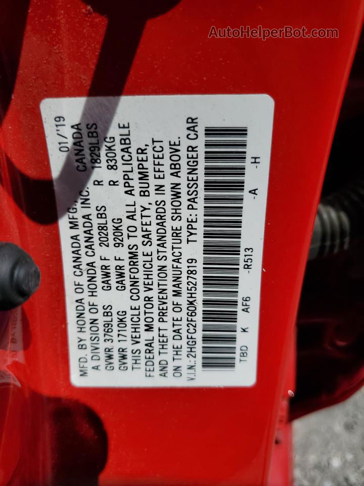 2019 Honda Civic Lx Red vin: 2HGFC2F60KH527819