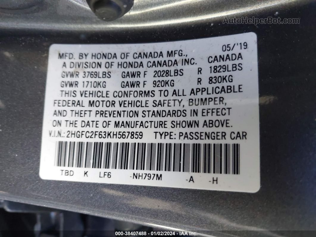 2019 Honda Civic Lx Gray vin: 2HGFC2F63KH567859