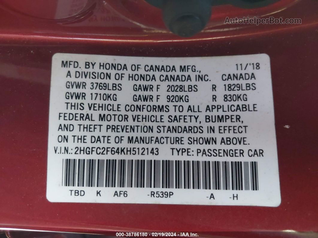 2019 Honda Civic Lx Red vin: 2HGFC2F64KH512143