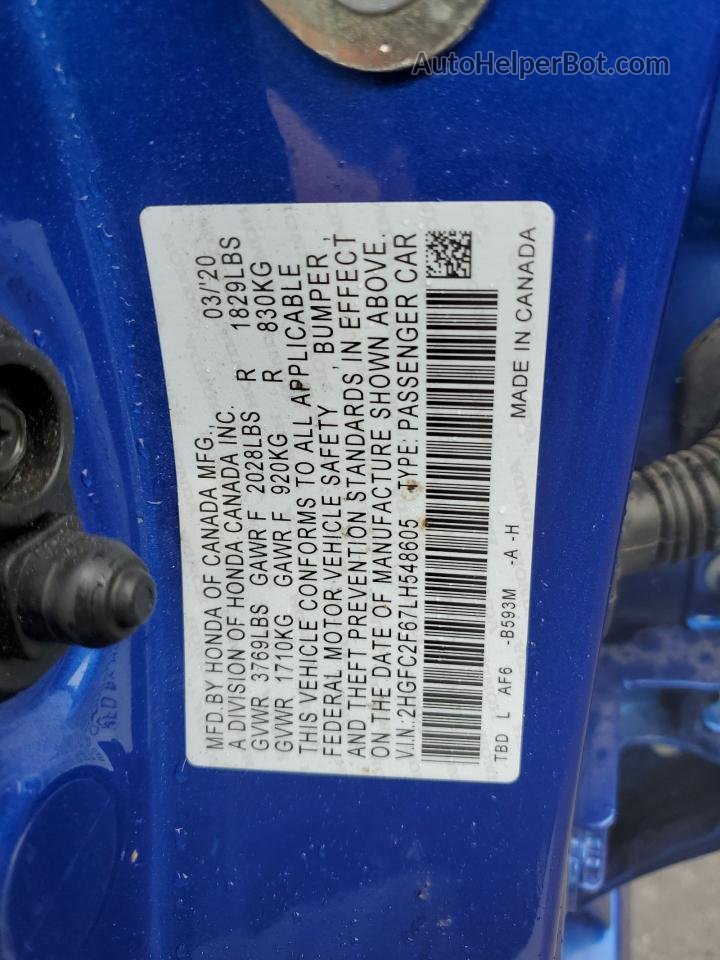 2020 Honda Civic Lx Blue vin: 2HGFC2F67LH548605