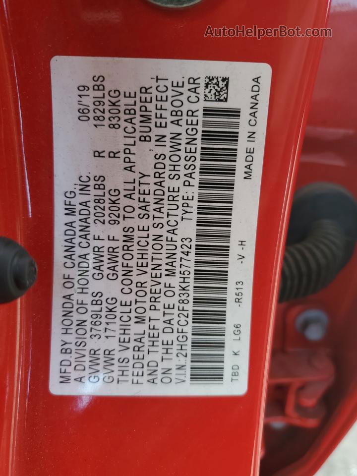 2019 Honda Civic Sport Красный vin: 2HGFC2F83KH577423