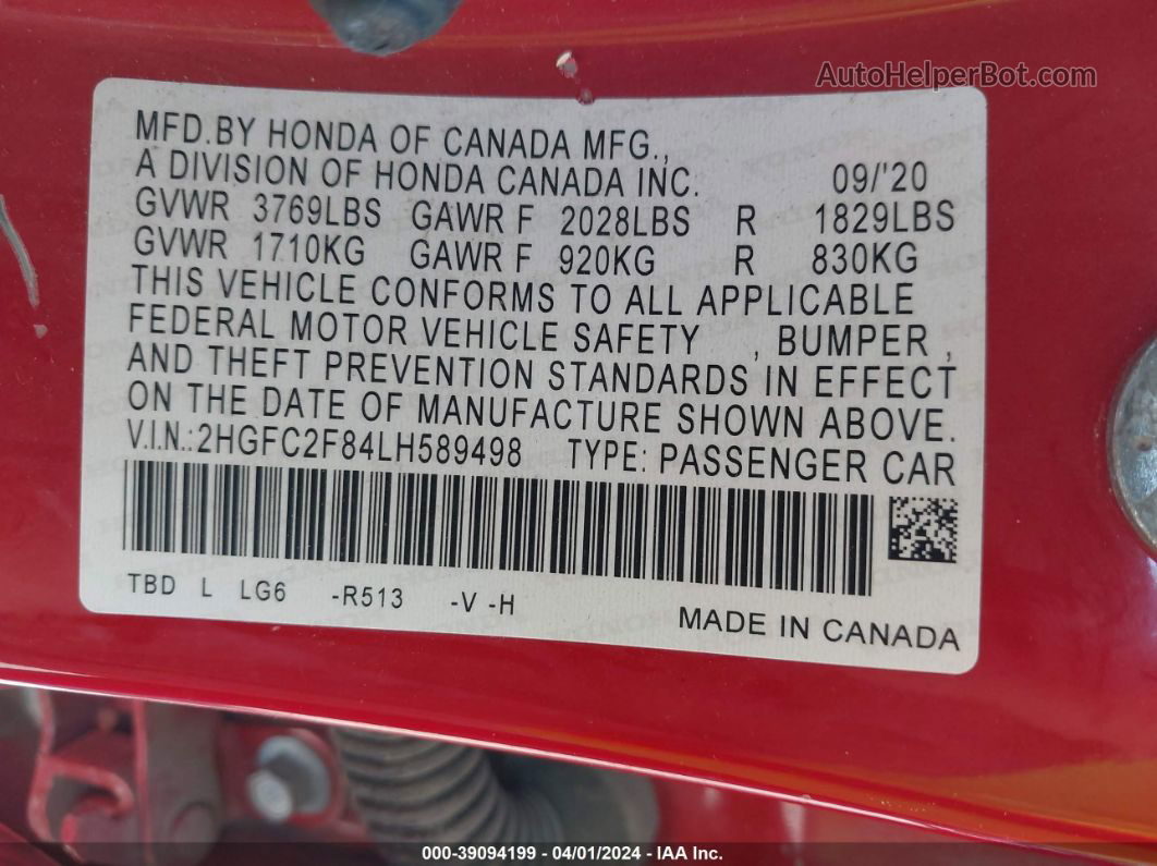 2020 Honda Civic Sport Red vin: 2HGFC2F84LH589498