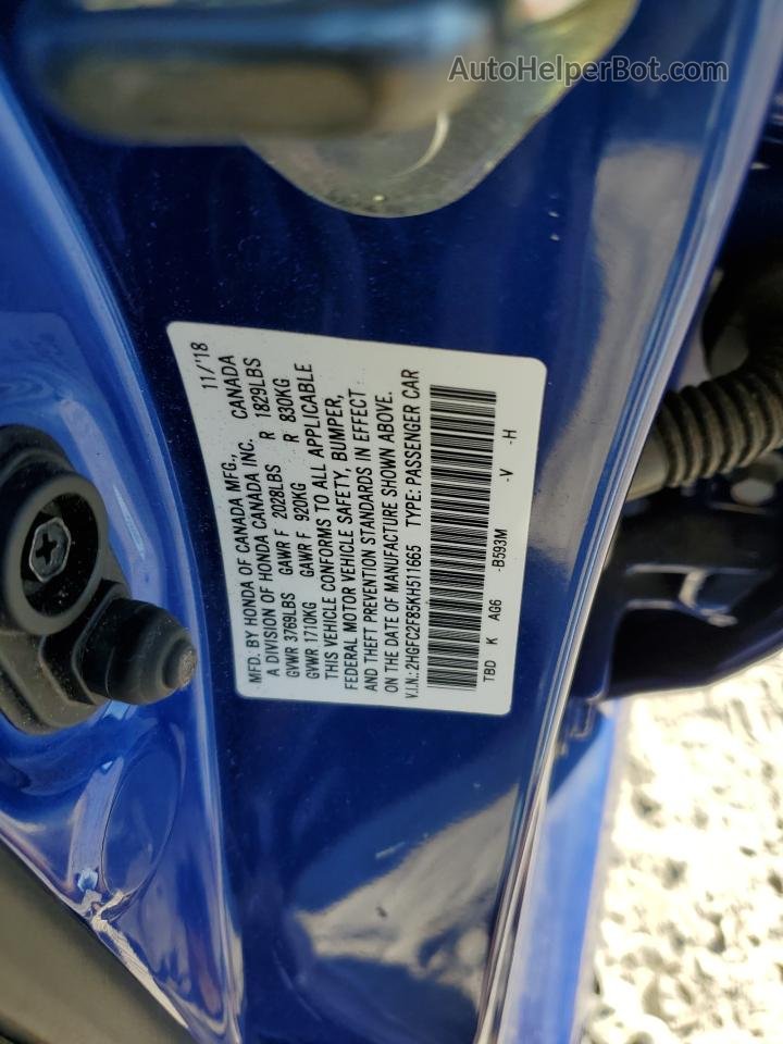 2019 Honda Civic Sport Blue vin: 2HGFC2F85KH511665