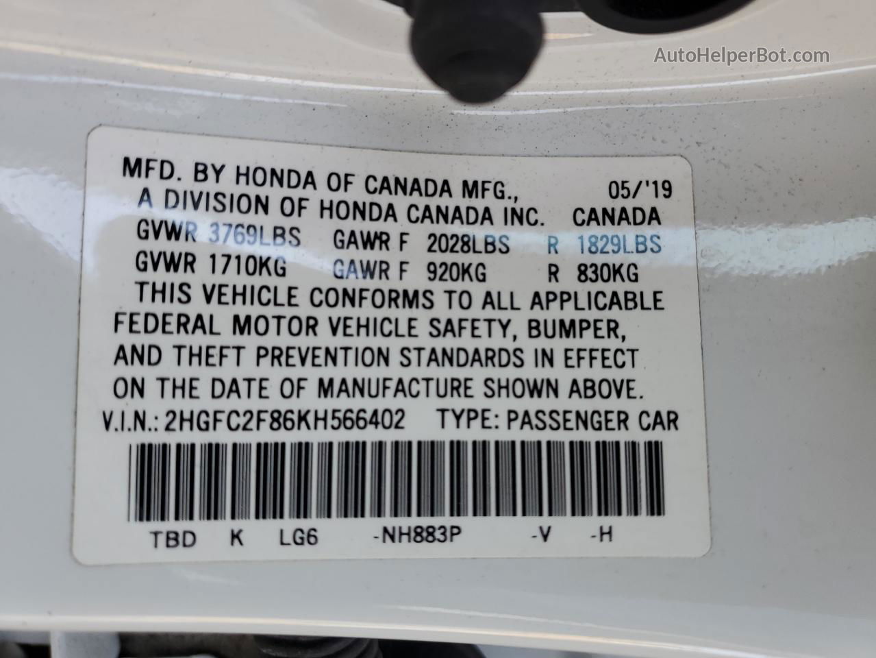 2019 Honda Civic Sport White vin: 2HGFC2F86KH566402