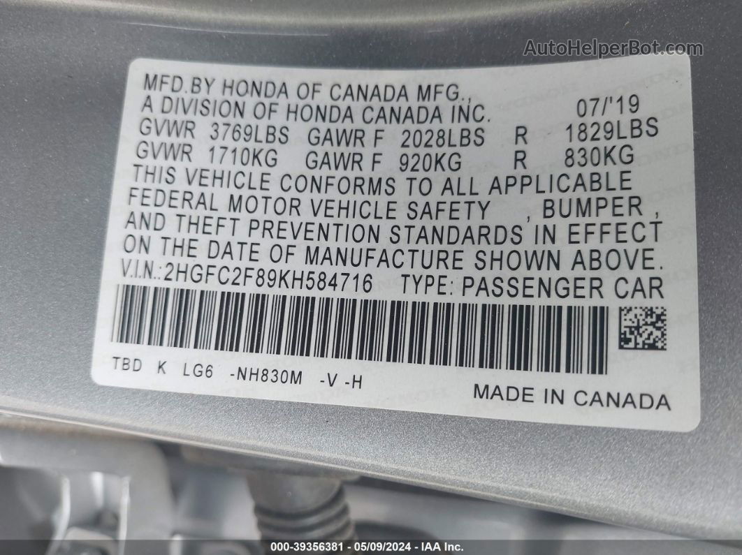 2019 Honda Civic Sport Silver vin: 2HGFC2F89KH584716