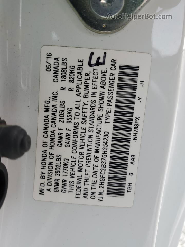 2016 Honda Civic Ex White vin: 2HGFC3B37GH354230