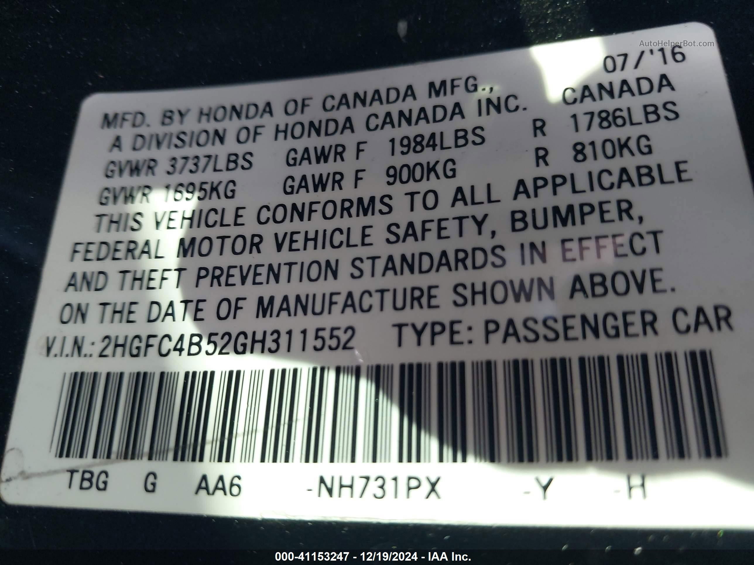 2016 Honda Civic Lx Black vin: 2HGFC4B52GH311552