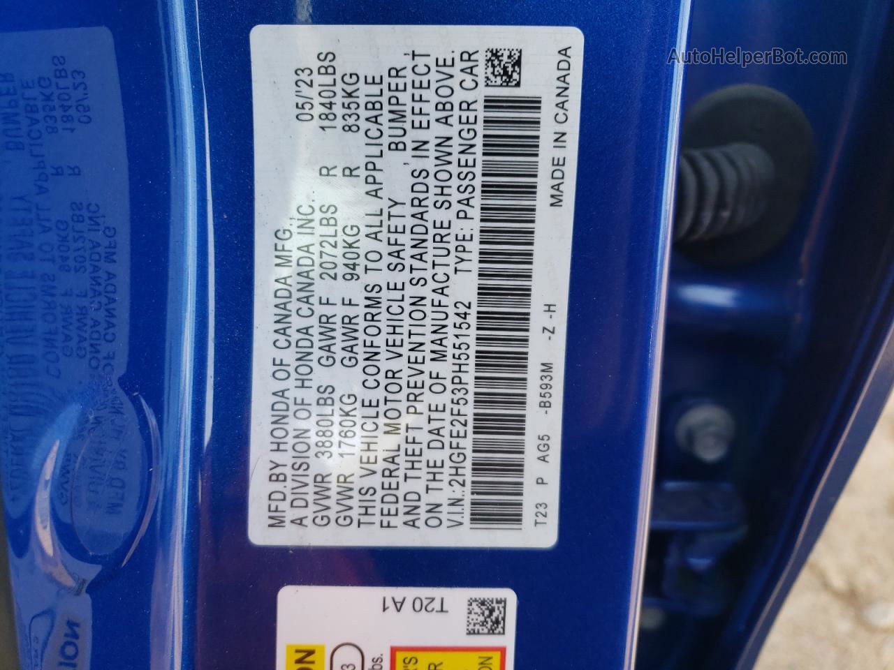 2023 Honda Civic Sport Blue vin: 2HGFE2F53PH551542