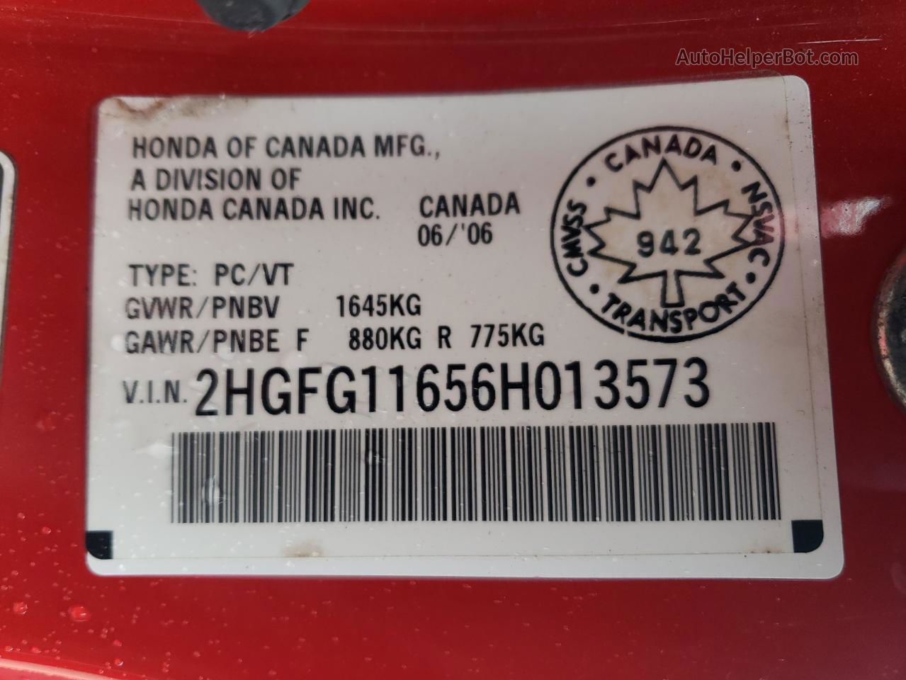 2006 Honda Civic Lx Red vin: 2HGFG11656H013573