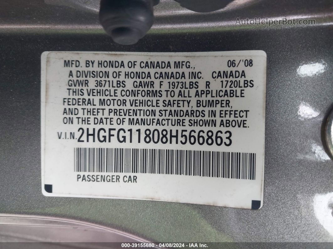 2008 Honda Civic Ex Gray vin: 2HGFG11808H566863