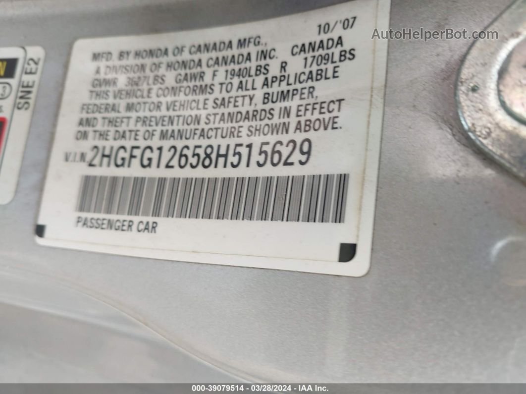 2008 Honda Civic Lx Silver vin: 2HGFG12658H515629