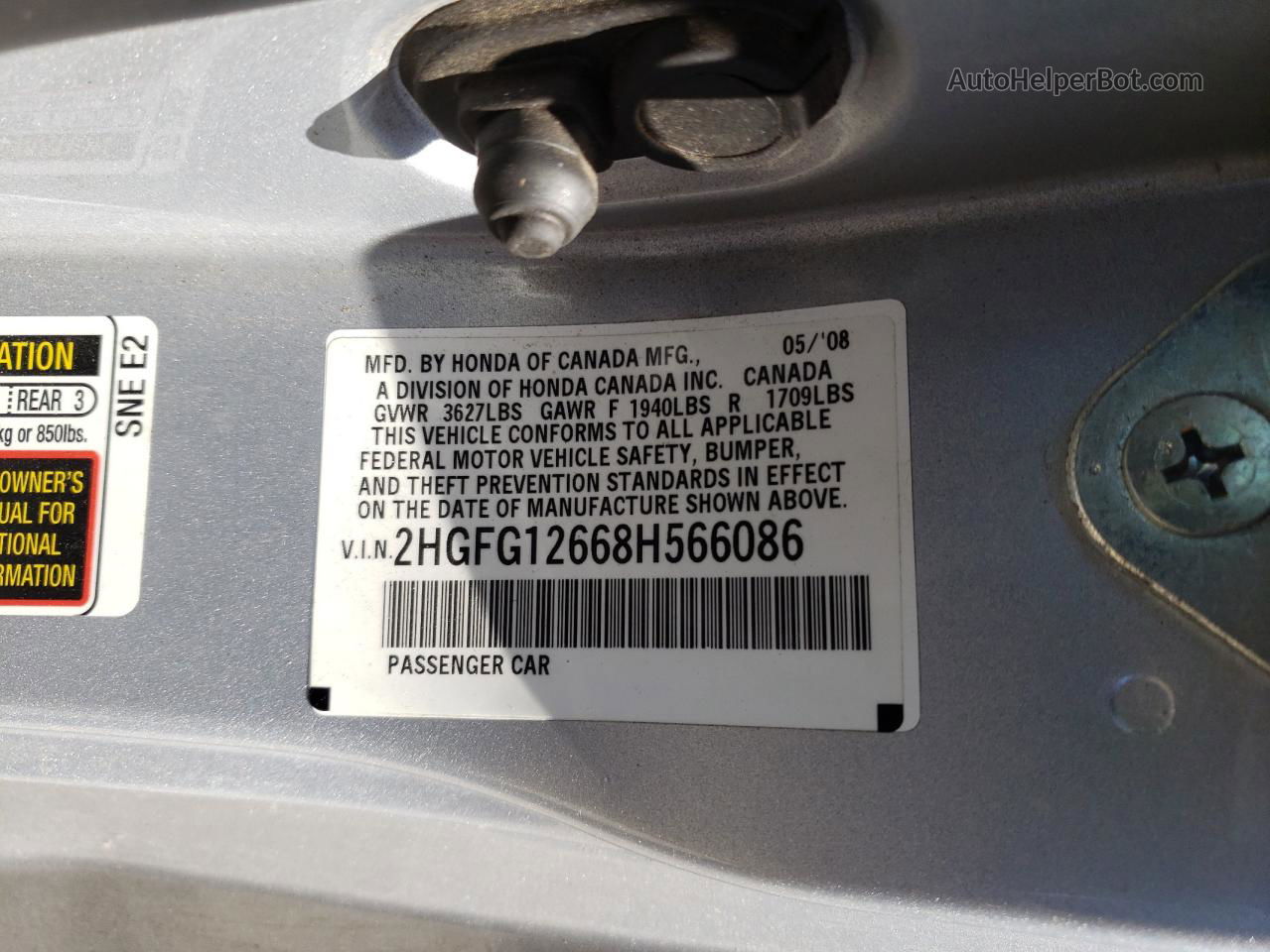 2008 Honda Civic Lx Серебряный vin: 2HGFG12668H566086