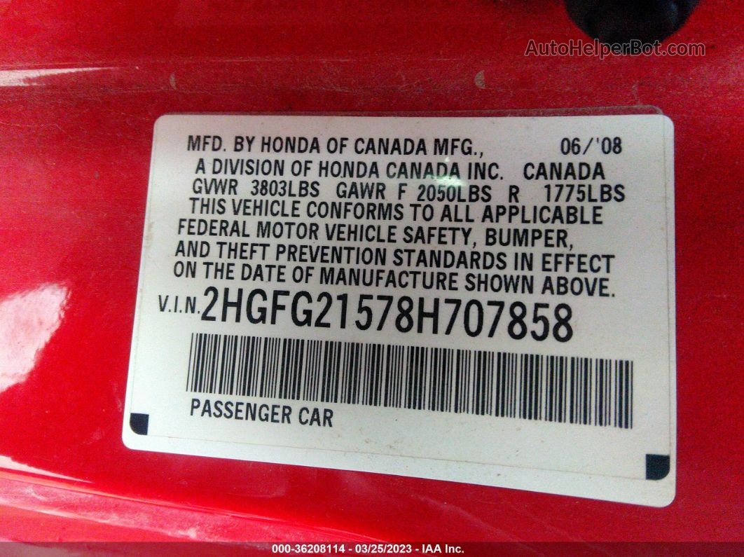 2008 Honda Civic Cpe Si Red vin: 2HGFG21578H707858