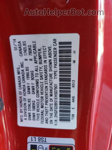 2014 Honda Civic Lx Red vin: 2HGFG3B51EH507901