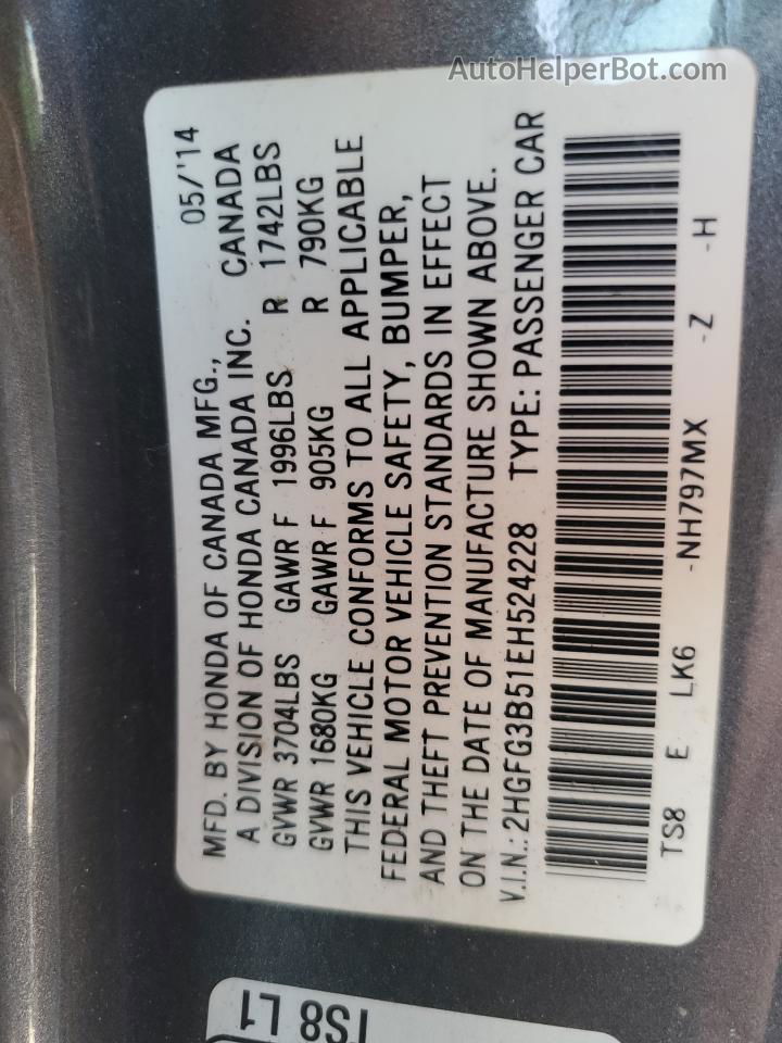 2014 Honda Civic Lx Gray vin: 2HGFG3B51EH524228